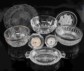 LOT OF CRYSTAL CUT GLASS TABLEWARE AND CLOCKS