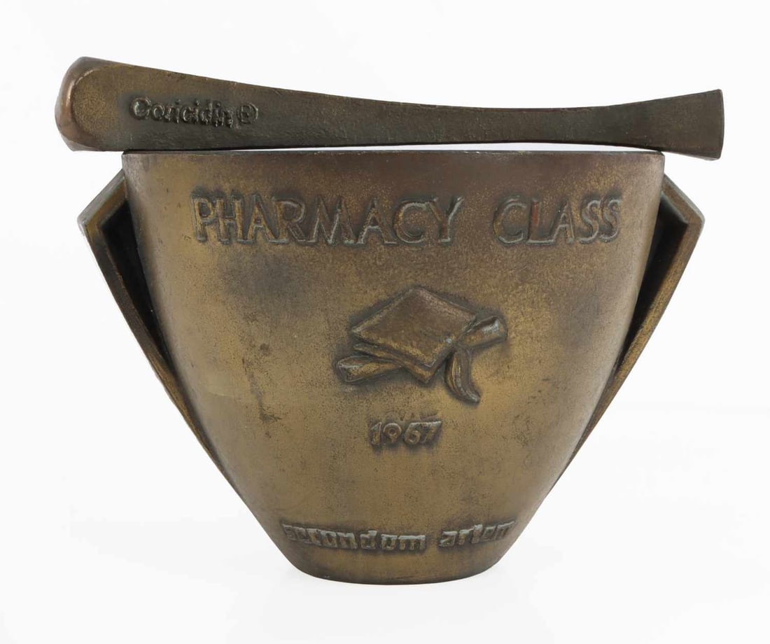 PHARMACY CLASS 1967 BRONZE MORTAR & PESTLE: Stands 4 inches, very good original condition.