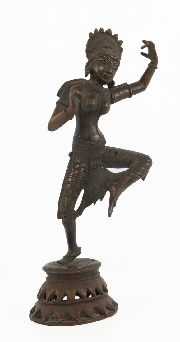 DAKINI DANCER HINDU DEITY STATUE: A statue of Dakini, a sometimes goddess figure and sometimes demonic figure within Hindu and Buddhist traditions. Chola revival style, likely nineteenth century from Tamil Nadu. 14 inches tall. Very g