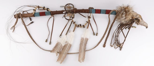 PLAINS INDIAN BEADED & FEATHERED WAR CLUB