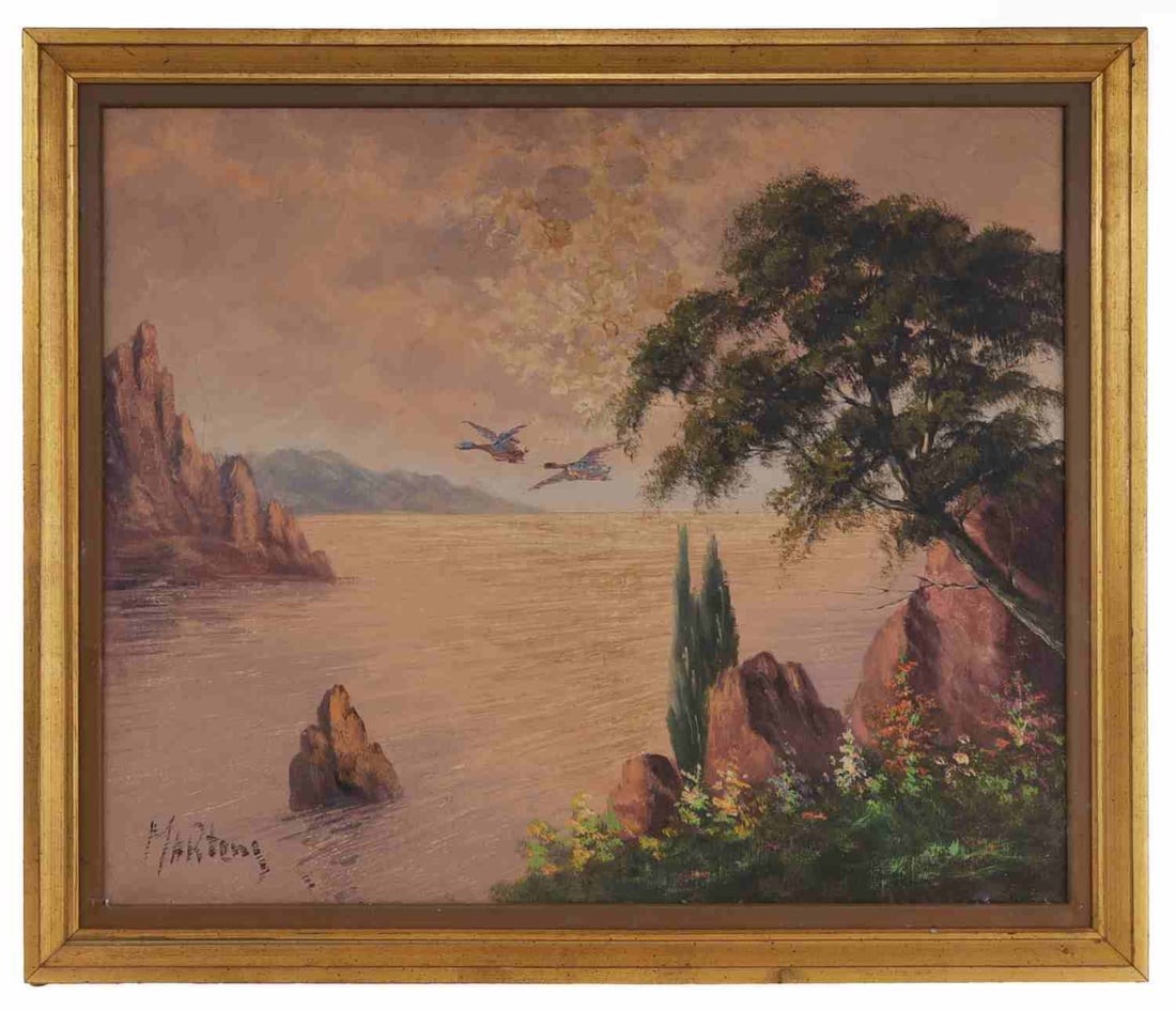 ARTHUR MARTENS GOLDEN HOUR LANDSCAPE OIL PAINTING: Arthur Martens (1883-1966). Oil on canvas, a California coastal landscape at golden hour. Signed lower left "Martens." Framed 23.5 X 27.5 inches. Canvas 20.25 X 24.25 inches.