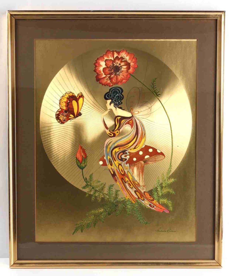 MICHELLE EMBLEM ART NOUVEAU NYMPH FOIL PAINTING: Michelle Emblem, "Poppy Nymph," mixed media artwork, ca. 1970s. Hand painted on gold tone foil. Signed lower right. 20 X 16 inches (sight). 25 X 21 inches (framed). Good condition.