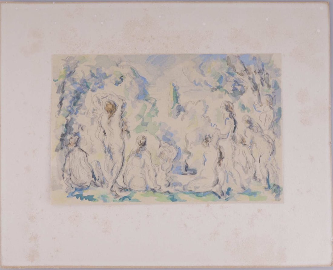 STUDY OF BATHERS LITHOGRAPH PAUL CEZANNE: A lithograph of French artist Paul Cezanne's A Study of the Bathers. Matted but unframed - mat has some aging. The lithograph itself is 7 X 4.75 inches. Very good, original condition. Paul Cezanne (18
