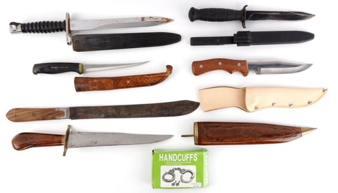 6 KNIFE BAYONET LOT & HANDCUFFS