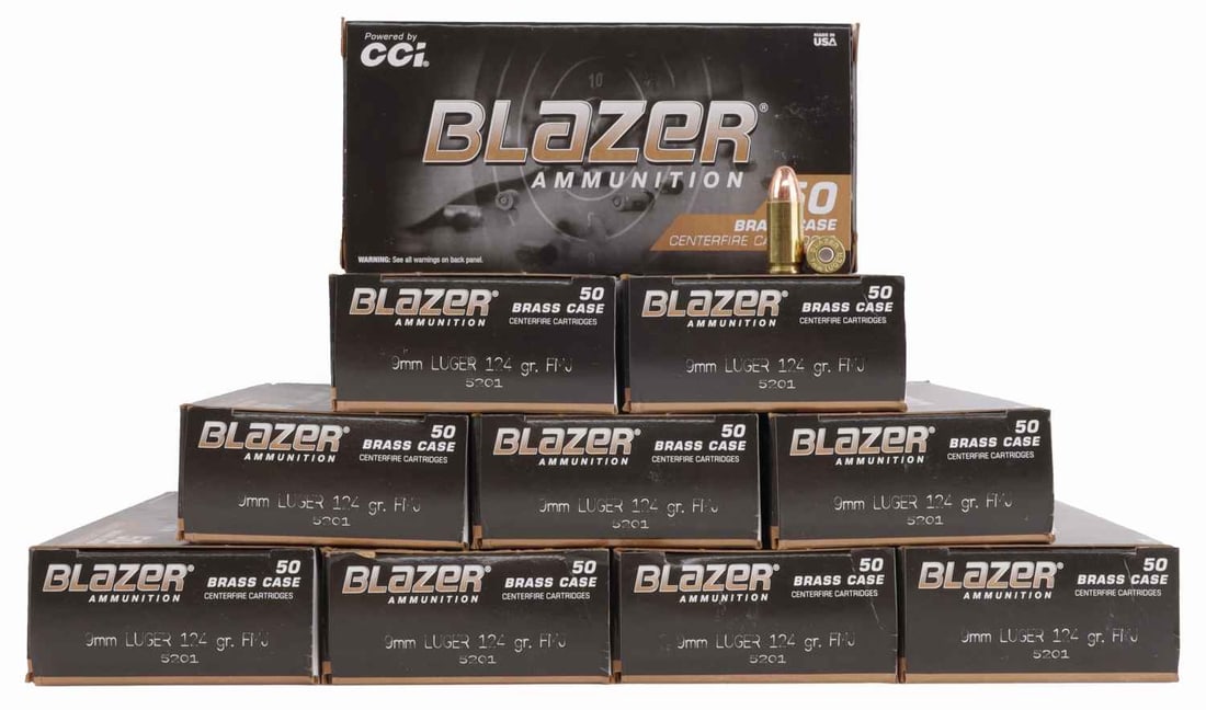 500 RDS 9MM LUGER 124GR FMJ CCI BLAZER BRASS AMMO: Lot of 500 rounds factory new 9mm Luger pistol ammunition. CCI Blazer brass case 124gr FMJ. No international shipping. This lot has a reserve.