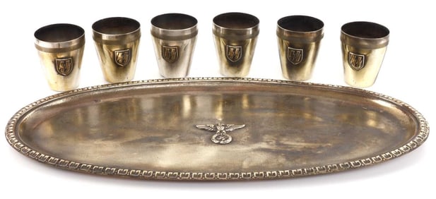 WWII GERMAN REICH SS SERVING TRAY & 6 SHOT GLASSES