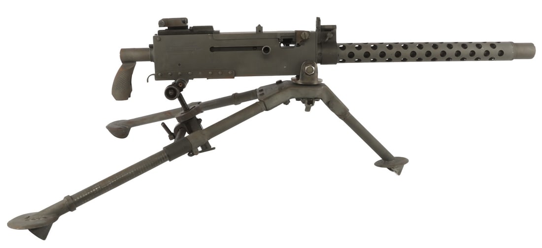 BROWNING M1919A4 SEMI AUTO 7.62X51 ON WWII TRIPOD: Semi-automatic M1919A4 Browning rifle, an "izzy kit" built with Israeli parts, mounted on a US WWII production tripod with pintle and T&E mechanism. Air-cooled 24-inch barrel with carry handle. Side p