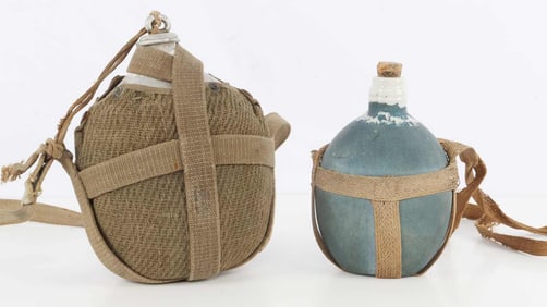 2 WWII JAPANESE CANTEEN LOT 1 GOURON KILN MARKED