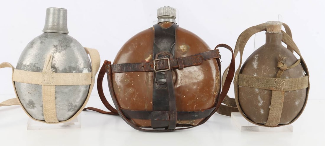 3 WWII JAPANESE CANTEEN LOT: All with spout caps and straps, very good original condition.
