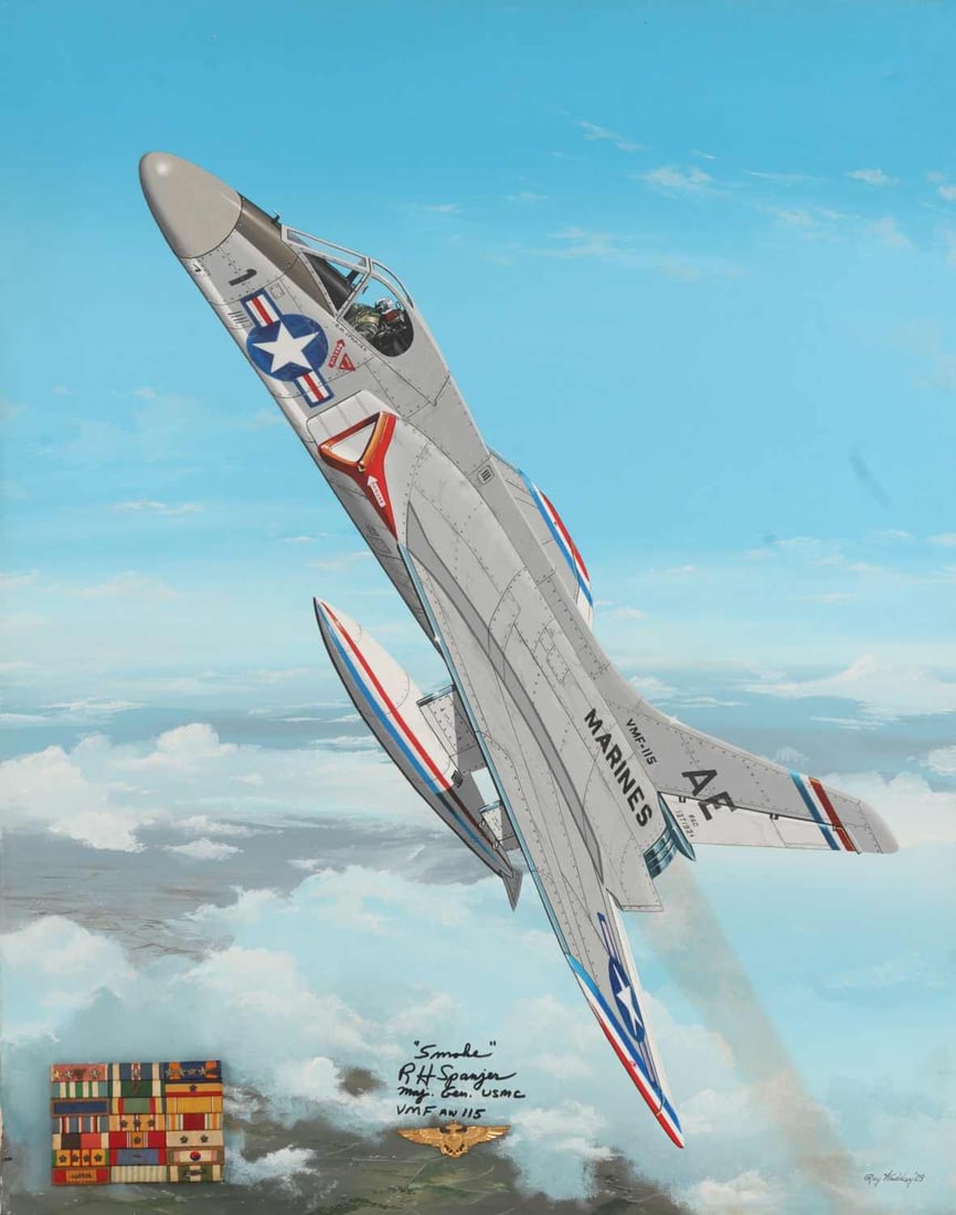 SMOKE SPANJER NAMED PILOT WINGS & BARS ON PAINTING: The WWII USMC pilot wings and ribbon bars of Major General Ralph 'Smoke' Spanjer on a painting. The painting shows Spanjer in action as a pilot during the Korean War. The painting is signed by Spanjer