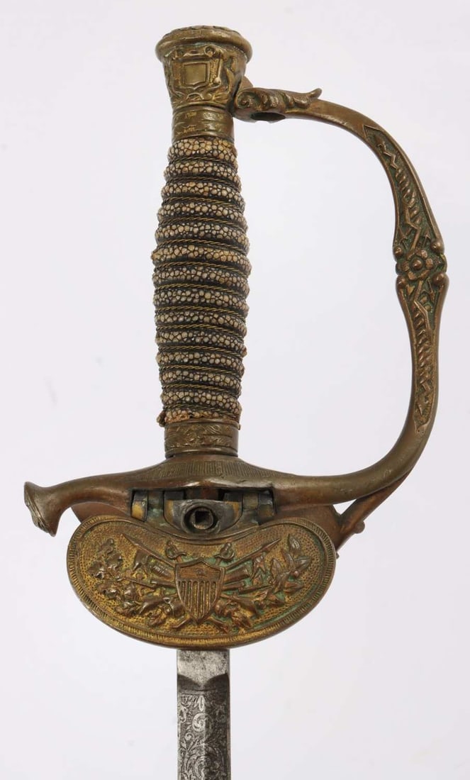 INDIAN WARS NAMED 1860 STAFF & FIELD OFFICER SWORD: Named US M1860 Staff & Field Officer's sword with scabbard. Blade etched "Robert N. Getty," probably Brigadier General Robert Nelson Getty, son of Civil War General George Washington Getty. Ricasso et