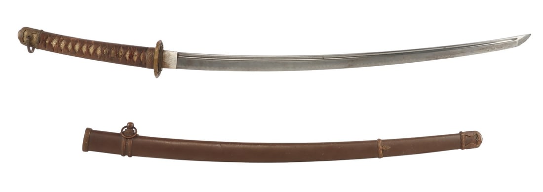 WWII JAPANESE SHIN GUNTO MADE BY CHOUNSAI EMURA: An Imperial Japanese Army shin gunto made by the swordsmith Chounsai Emura (d. 1960). Chounsai Emura was known for operating a forge at the Okayama Prison, where he trained prisoners to produce variou