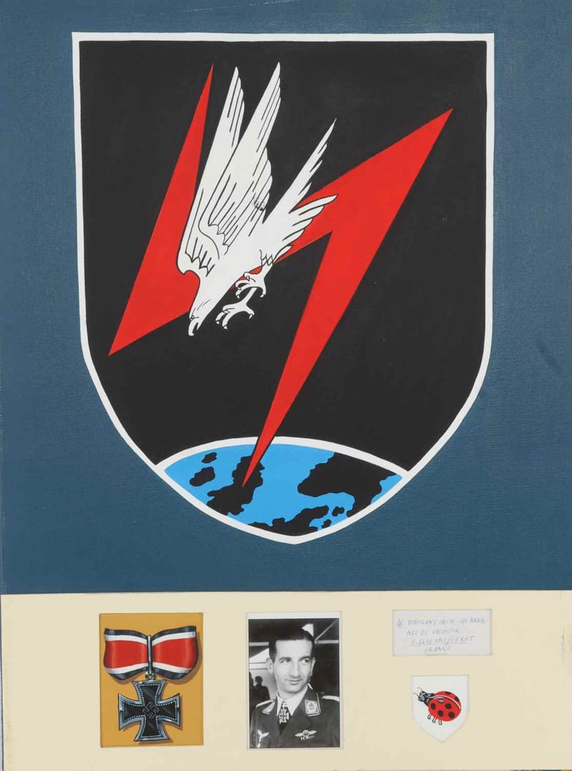 WWII GERMAN REICH WOLFGANG FALCK SIGNED PAINTING: A painting of the nose art used by Luftwaffe pilot, commander, ace, and Knight's Cross of the Iron Cross winner Wolfgang Falck. Falck is generally credited with devising the Third Reich's night fighte