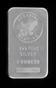 5 OZT 999 FINE SILVER BULLION BAR SUNSHINE MINTING