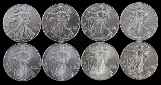 8 MIX DATE 1 OZT OUNCE SILVER ANERICAN EAGLE COINS