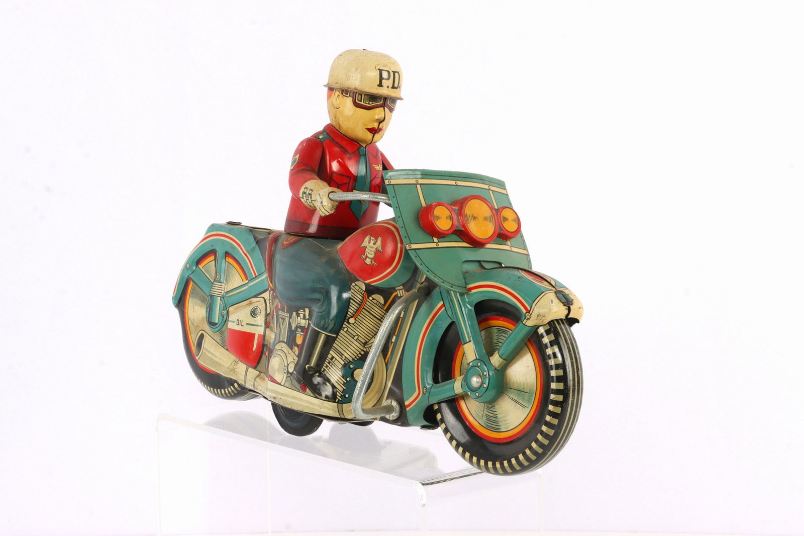 SATO JAPAN ANTIQUE TOY POLICE MOTORCYCLE: Sato logo on right tail pipe, very good original condition, measures 12 x 8 1/2 inches.