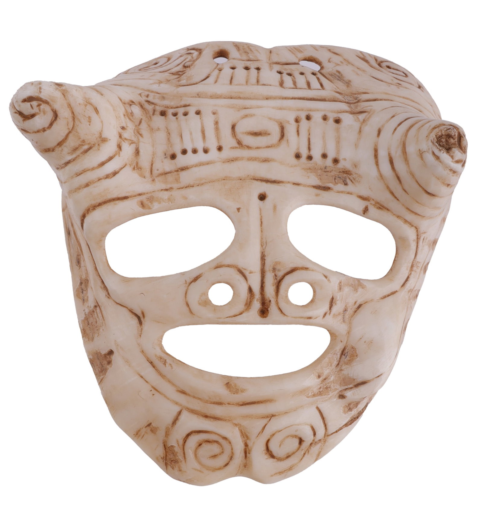 ENGRAVED TAINO CONCH SHELL MASK: Taino. Shell mask. Two of the conch shell spires have been incised in swirls. Two suspension holes are drilled at the top suggesting this was worn as a medallion. Measures 4.2 inches in length. Taino