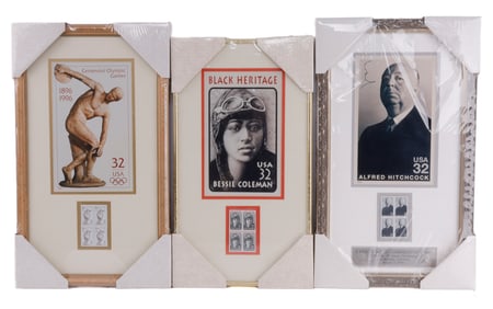 3 FRAMED COMMEMORATIVE STAMP BLOCK HITCHCOCK