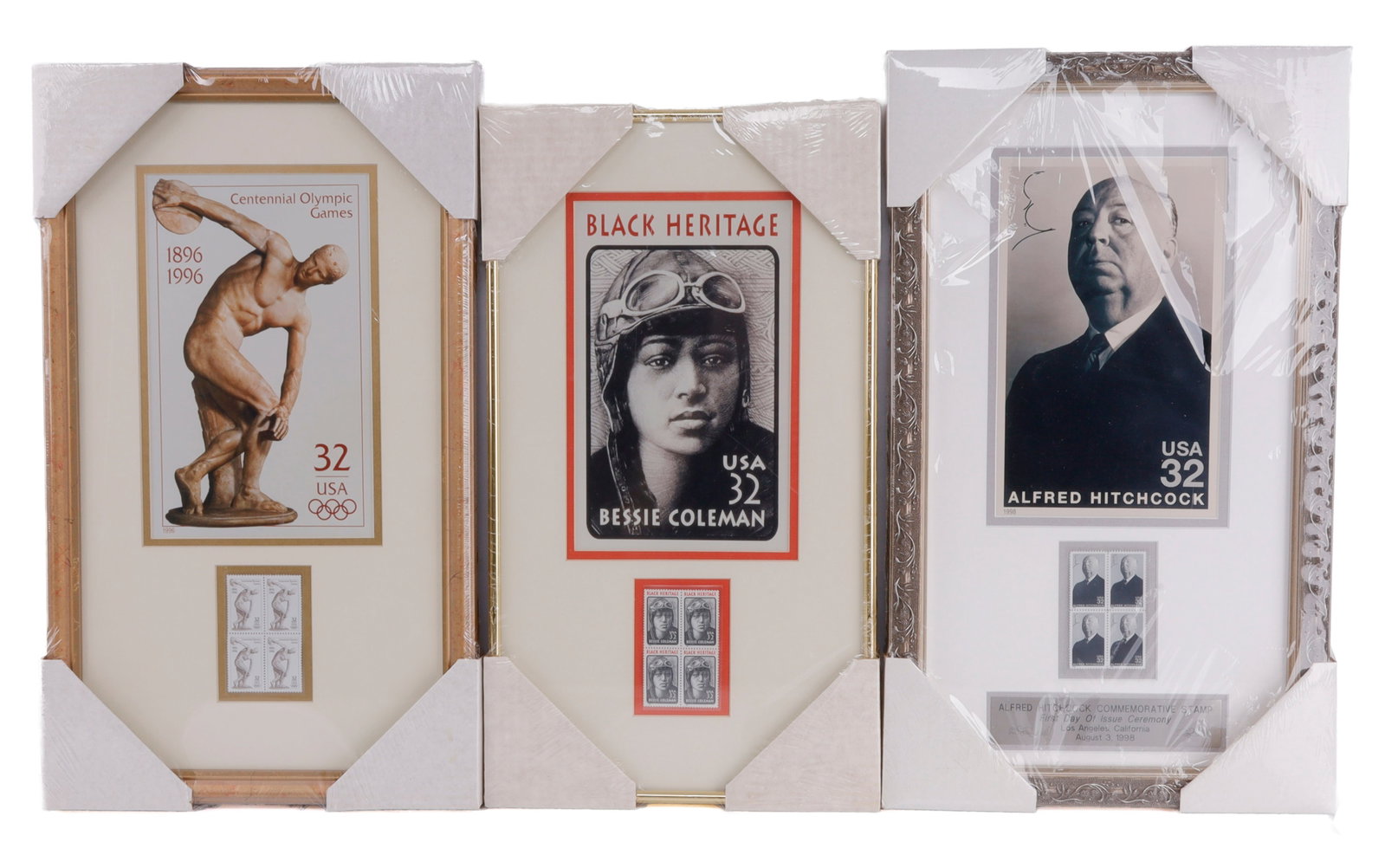 3 FRAMED COMMEMORATIVE STAMP BLOCK HITCHCOCK: Each framed 19 x 11 inches. Unissued still in mint wrap. Alfred Hitchcock, U.S. Olympics, and Bessie Coleman.