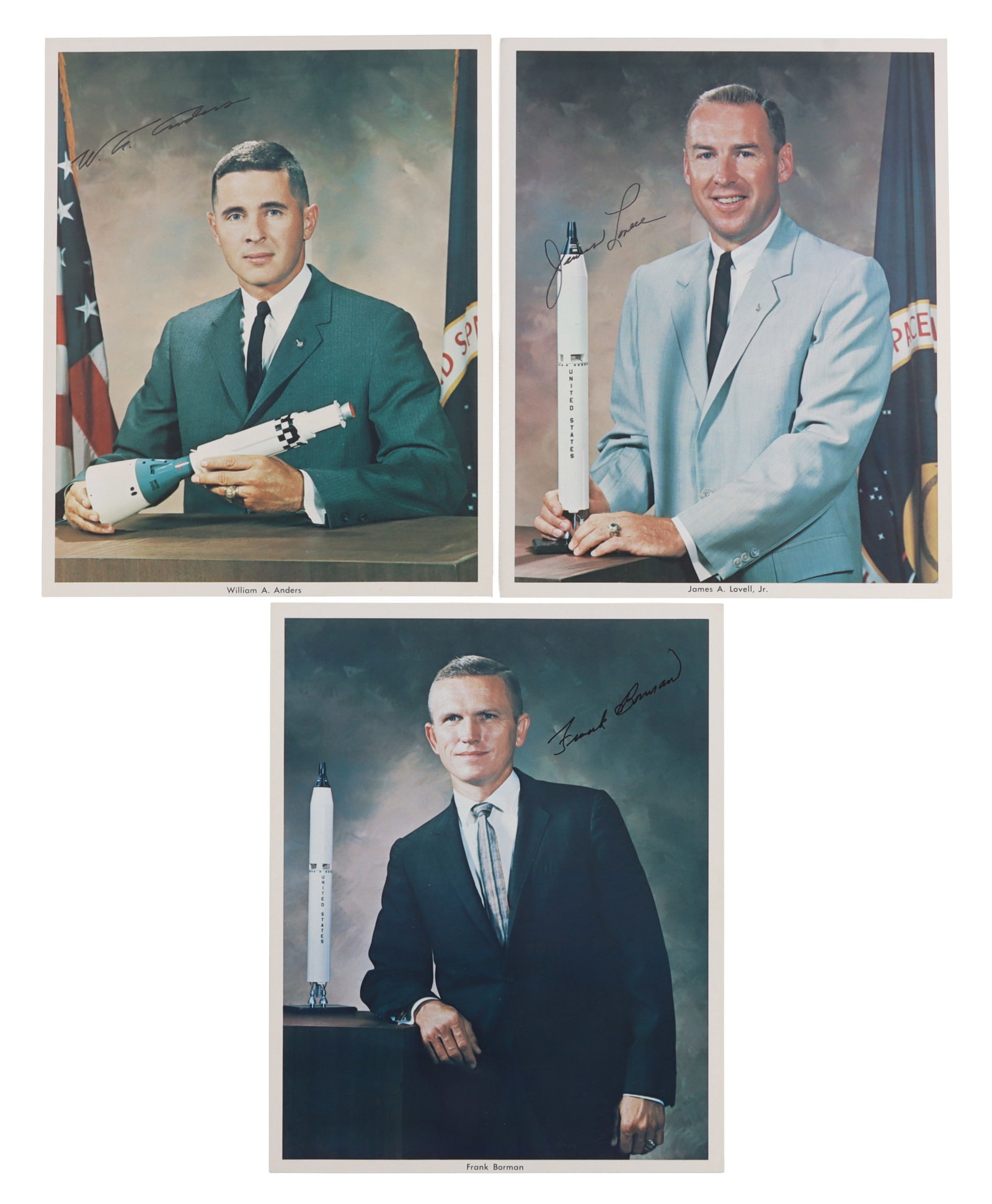 APOLLO 8 CREW SIGNED HEAD SHOT PHOTOS LOT OF 3: Three official release head shots, depicting James A. Lovell, Jr., Frank Borman, and William Anders. Lovell was also the commanding officer of Apollo 13. Each head shot is signed by the corresponding 