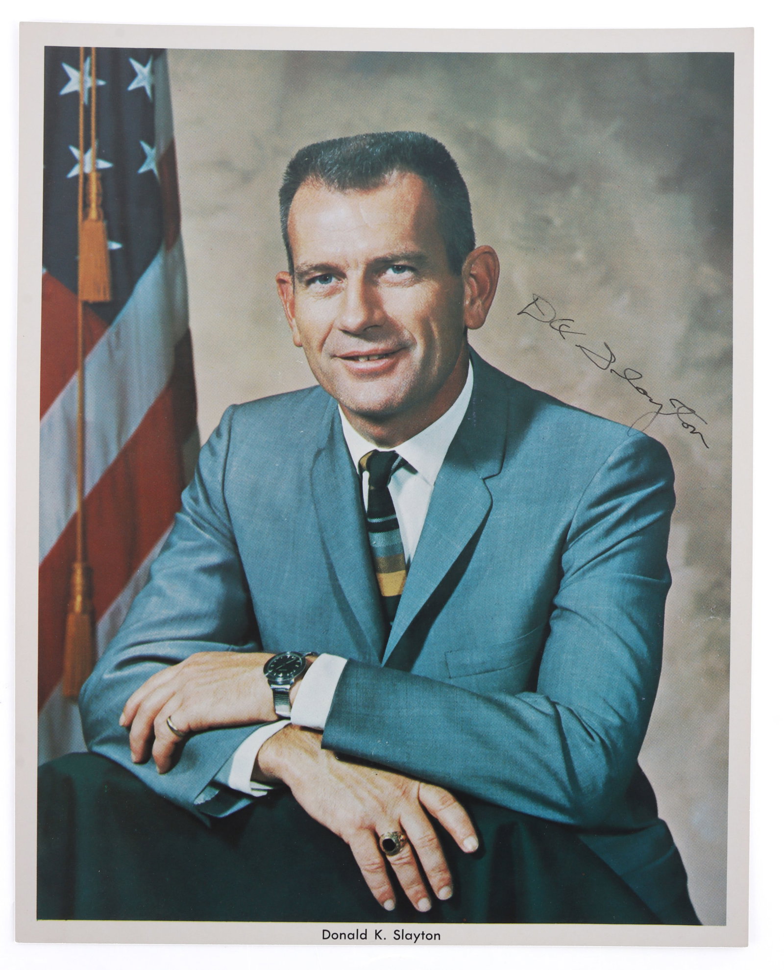 DEKE SLAYTON SIGNED HEAD SHOT PHOTO: An official head shot of Donald 'Deke' Slayton from NASA. Slayton was one of the Mercury Seven and later a NASA administrator. Document is signed. This head shot and signature was collected by a forme