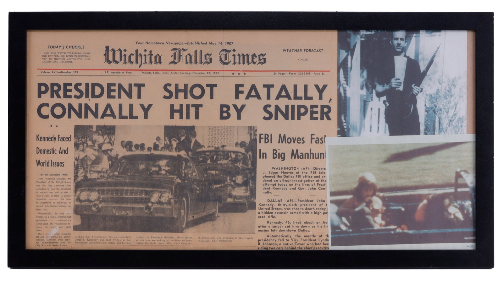 FRAMED KENNEDY ASSASSINATION NEWSPAPER: A framed display featuring the Kennedy assassination. The newspaper, from Wichita Falls, Texas, is a real front page. The two additional images, one of Lee Harvey Oswald and the other a still from the