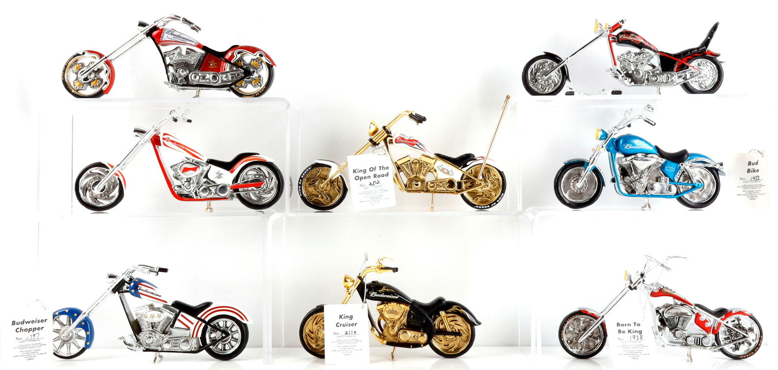 BUDWEISER MOTORCYCLE HAMILTON COLLECTION WITH COA: Includes set of 8 Budweiser Motorcycle Chopper Diecast Figurines. All sourced from The Budweiser Motorcycle: Hamilton Collection. Models consist, King Cruiser, King Of The Open Road, Born To Be King,