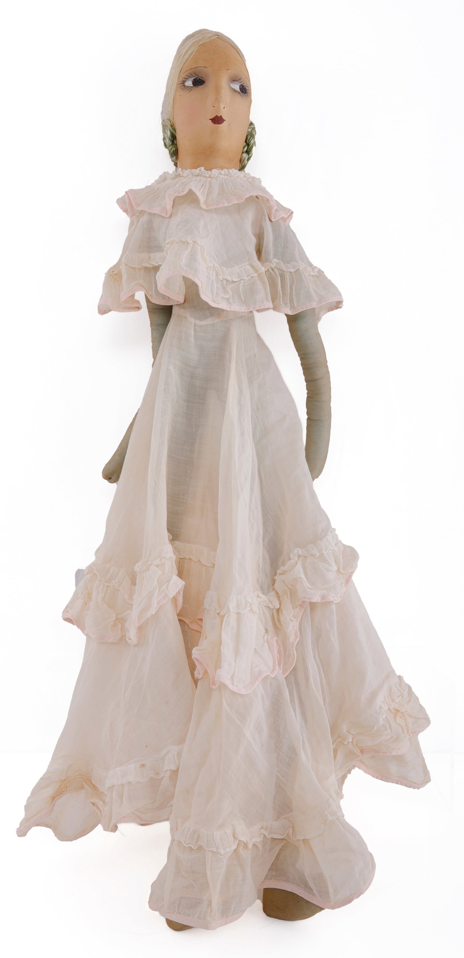 EARLY 20TH CENTURY BOUDOIR DOLL 28 INCH: An early 20th century boudoir doll. Blonde with green accenting. White dress, dress ripped in back. 28 inches long. Very good, original condition.