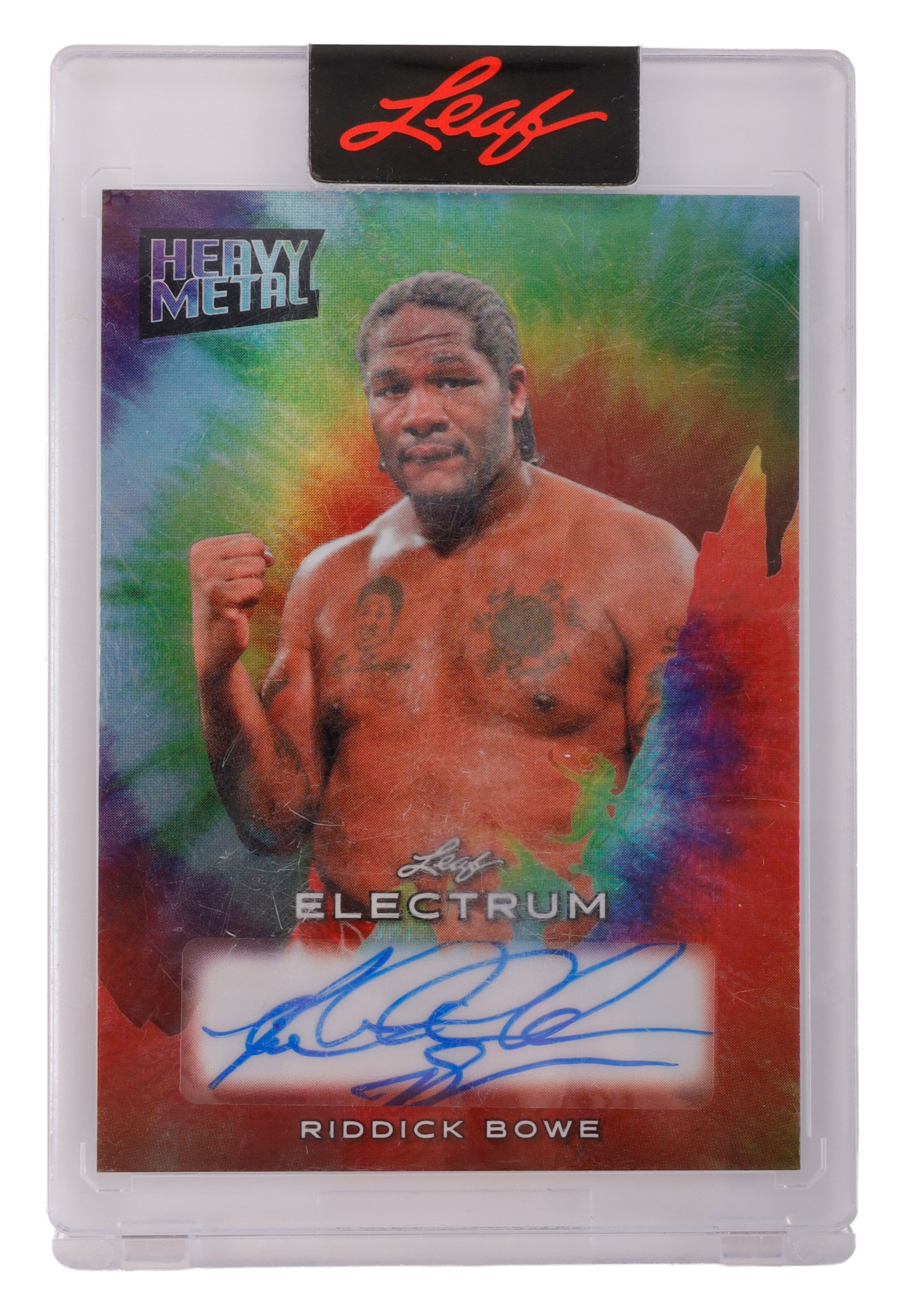 RIDDICK BOWE SIGNED SPORTS CARD: A sports card signed by boxer Riddick Bowe. This card is from Leaf Trading Cards, which guarantee the authenticity of their products. Very good, original condition.