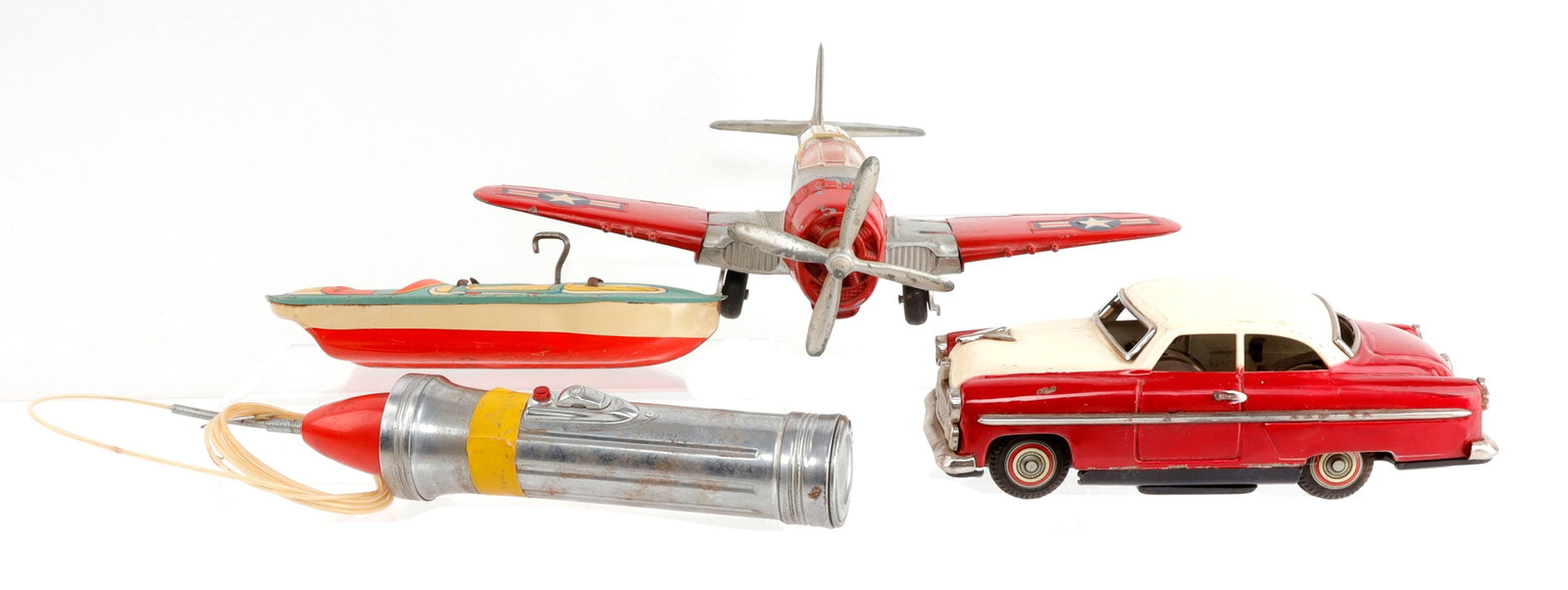 TOY LOT HUBLEY AIRPLANE CHEIN BOAT CADILAC JAPAN: The boat is missing parts, car is good, only mark on it is Japan, airplane is good.