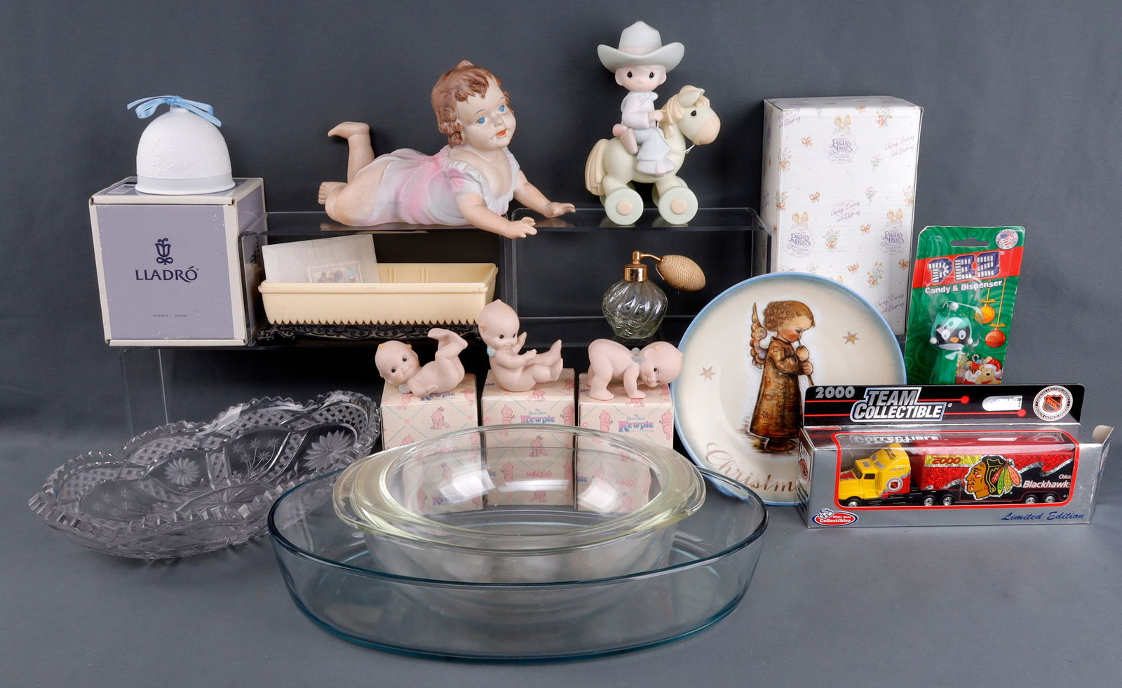 COLLECTIBLE LOT PYREX LLADRO AMERICAN BRILLIANT: Boxed Kewpie, Pyrex all capital, Lladro bell, toys and more.