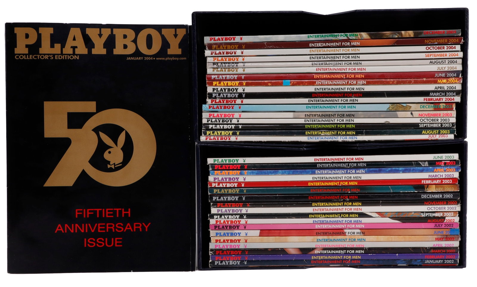 PLAYBOY COLLECTION 1998 TO 2001: A collection of Playboy magazines, covering most of the period of 1998 to 2001. Some missing months, but mostly intact. With cases. Very good, original condition.