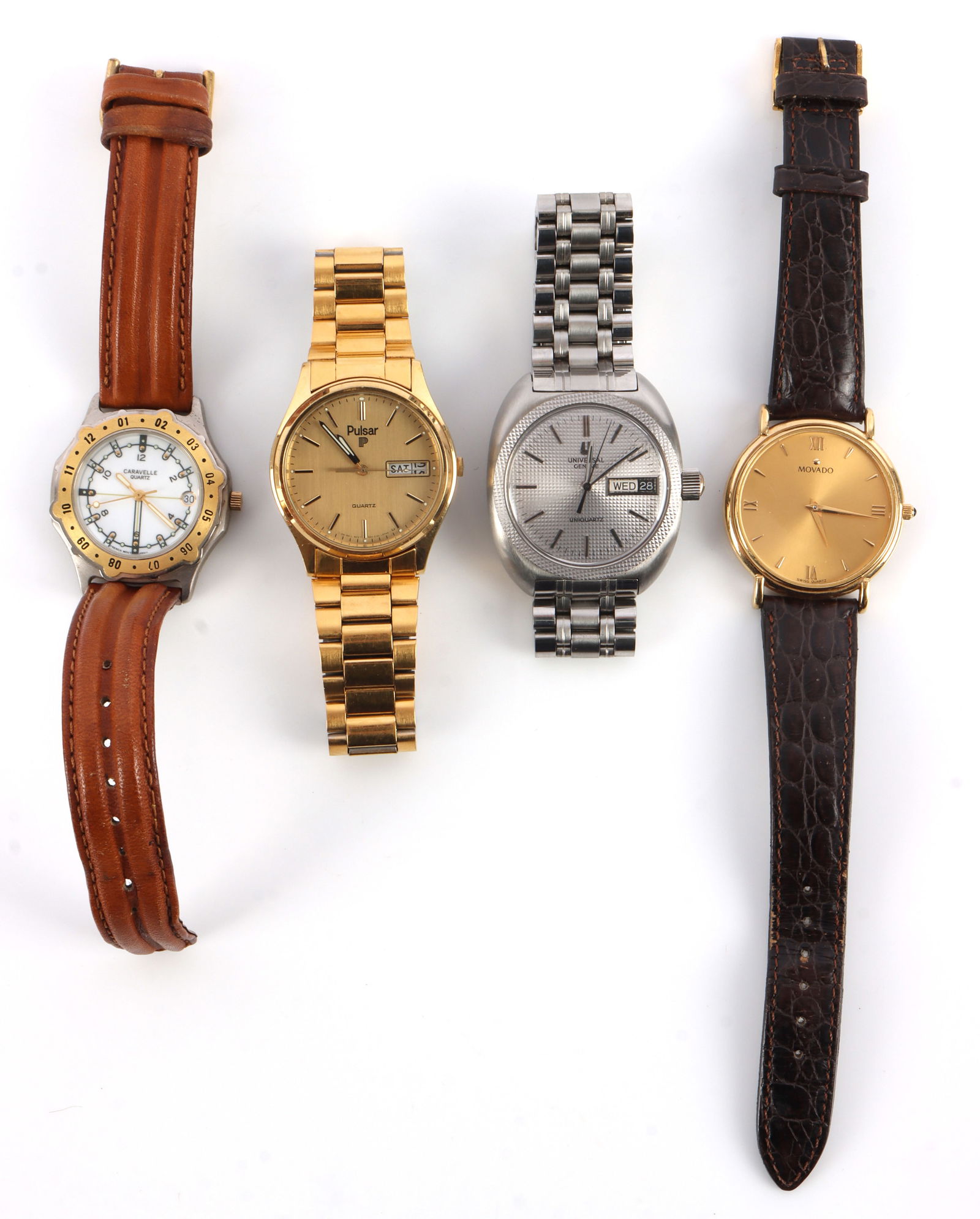 4 WATCH LOT MOVADO UNIVERSAL PULSAR CARAVELLE: All need batteries, otherwise good original condition.