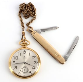 GOLD FILL ELGIN POCKETWATCH FOB & POCKET KNIFE