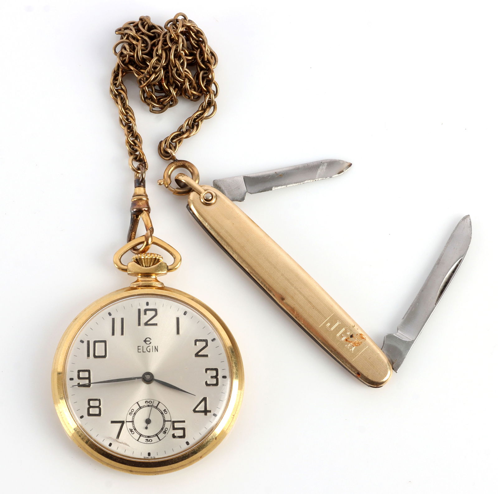 GOLD FILL ELGIN POCKETWATCH FOB & POCKET KNIFE: Strong movement, with no visible serial number , keeps time, and is very good original condition, with chain and gold plate pocket knife, watch is size 18.