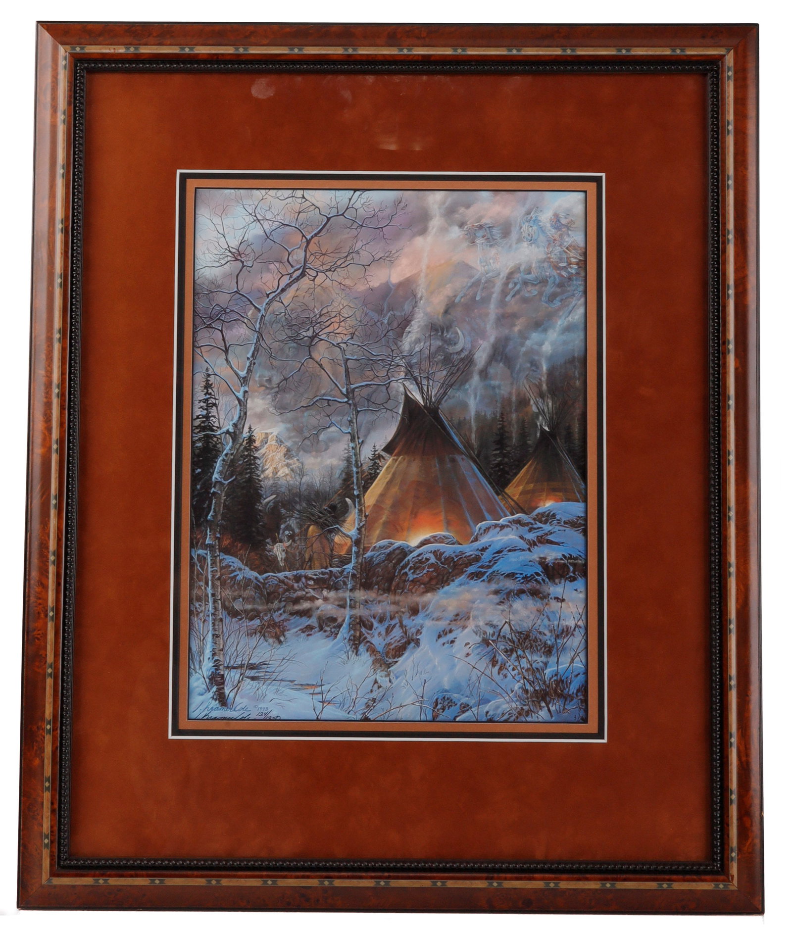 JULlE KRAMER COLE WAKAN TANKA PRINT: A print of Julie Kramer Cole's 'Wakan Tanka.' The painting depicts two teepees. 124/250. 22.5 X 27 inches. Very good, original condition.