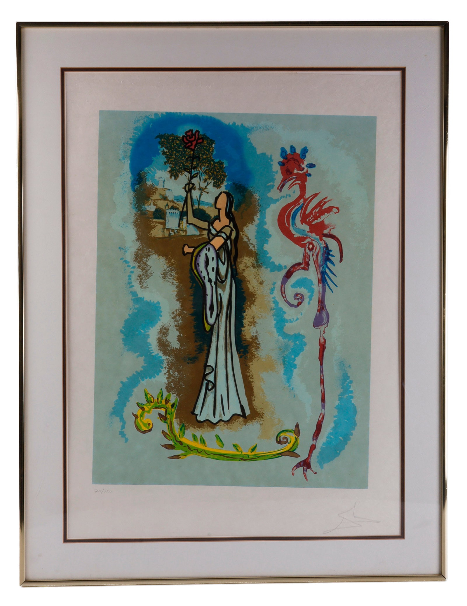 DALI ROWENA FROM IVANHOE LITHOGRAPHIC COPY: A lithographic print of 'Rowena, from Ivanhoe,' by Spanish artist Salvador Dali (1904-1989). This print is numbered 70/150. 26.5 X 34.5 inches Very good, original condition.
