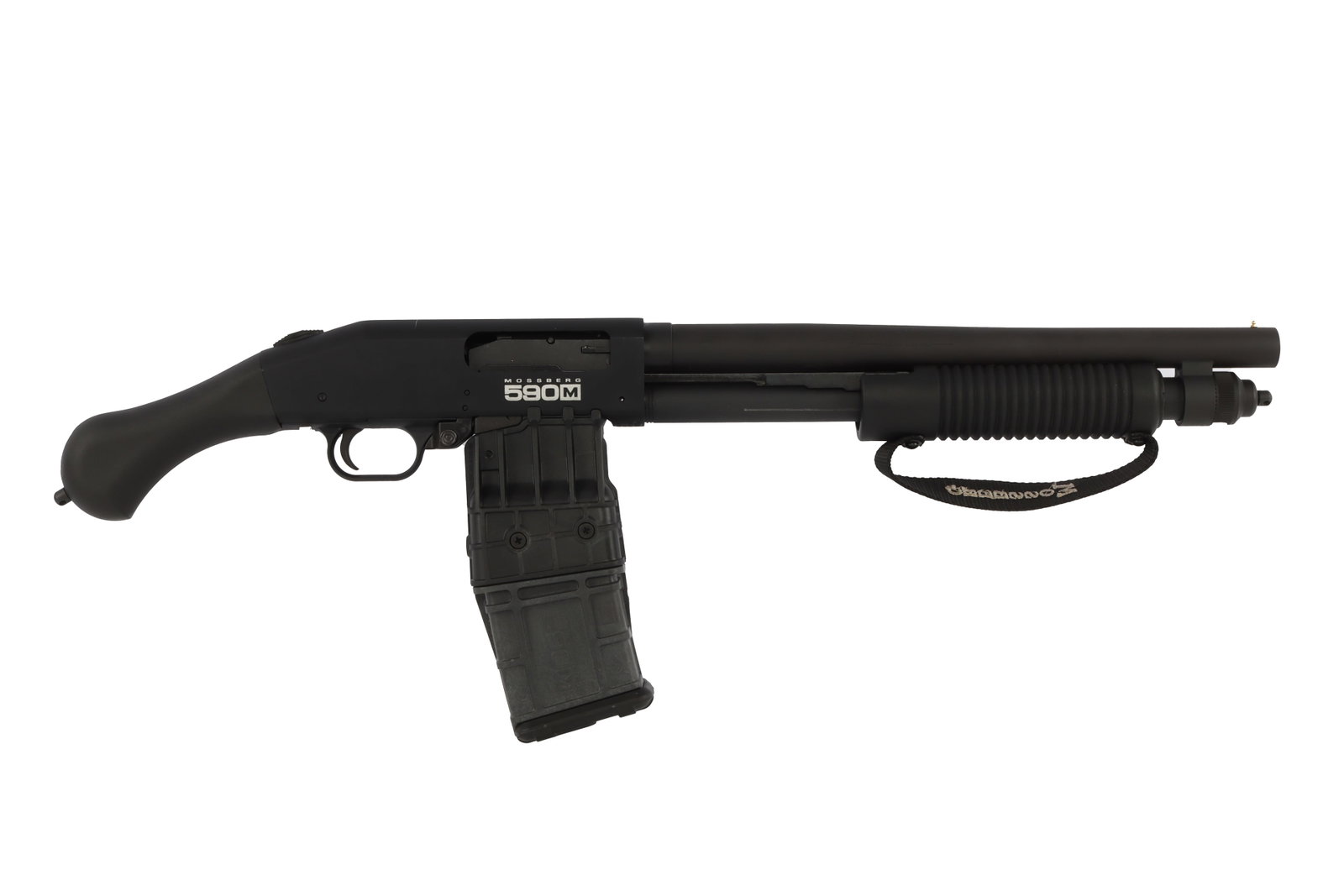 MOSSBERG 590M SHOCKWAVE 12 GAUGE PUMP SHOTGUN: Mossberg 590M Shockwave pump-action shotgun, 12 gauge, 2-3/4 inch chamber, cylinder bore. Barrel length 14-3/8 inches. Overall length 26-3/8 inches. Includes one (1) 10-round removable magazine. Very 