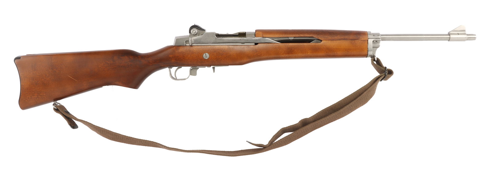1980 RUGER MINI-14 .223 REM SEMI AUTO RIFLE: Ruger Mini-14/5 semi-automatic rifle, manufactured ca. 1980. Barrel length 18.5 inches. Includes one (1) magazine, carry sling and original packaging. Excellent condition, used but little. Right side 