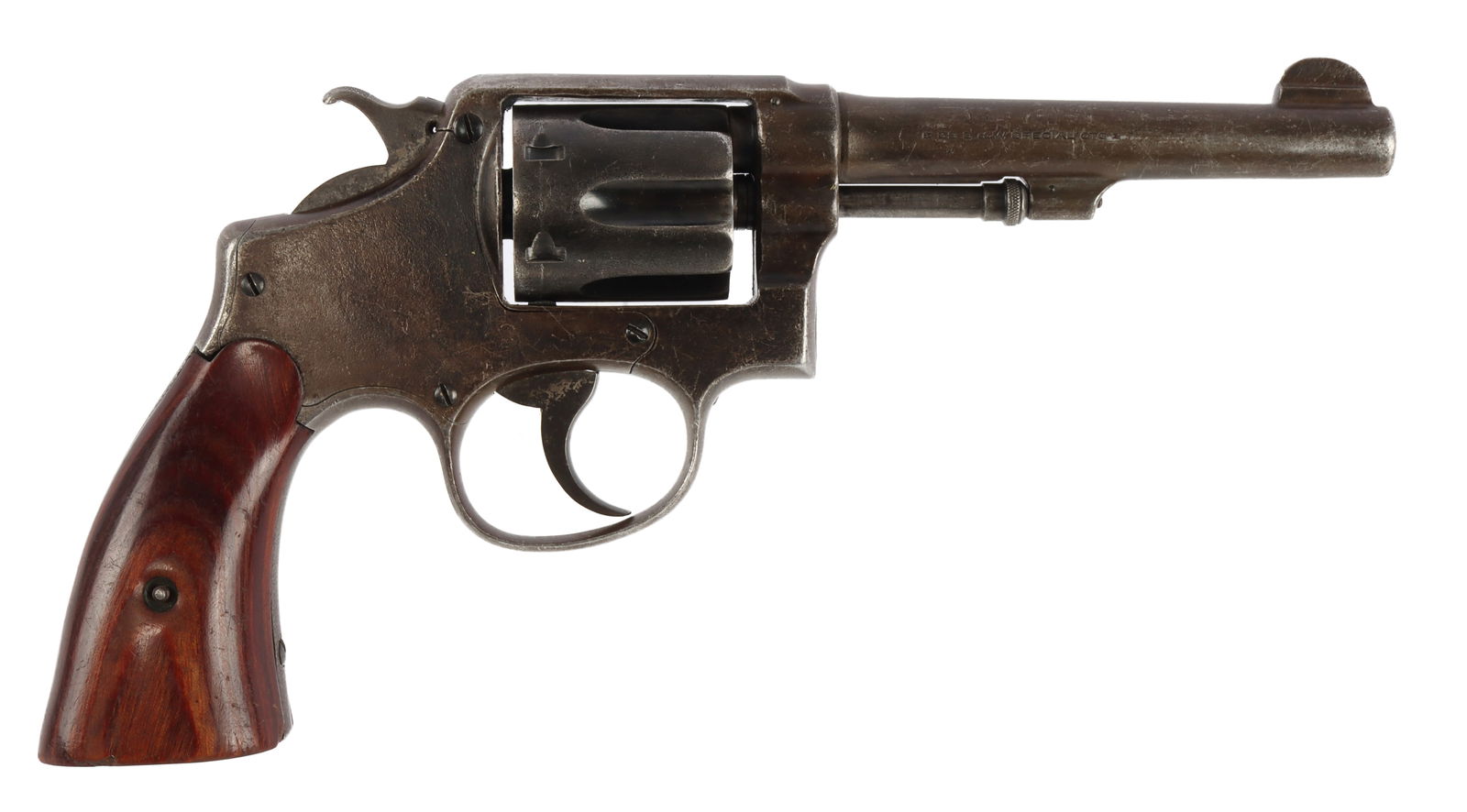 SMITH & WESSON .38 MILITARY & POLICE 4TH CHANGE: Smith & Wesson .38 Military & Police hand ejector double-action revolver, 4th Change, ca. 1920. Barrel length 5 inches. 5-screw frame. Smooth wood grips. Right side of frame unmarked. Includes leather