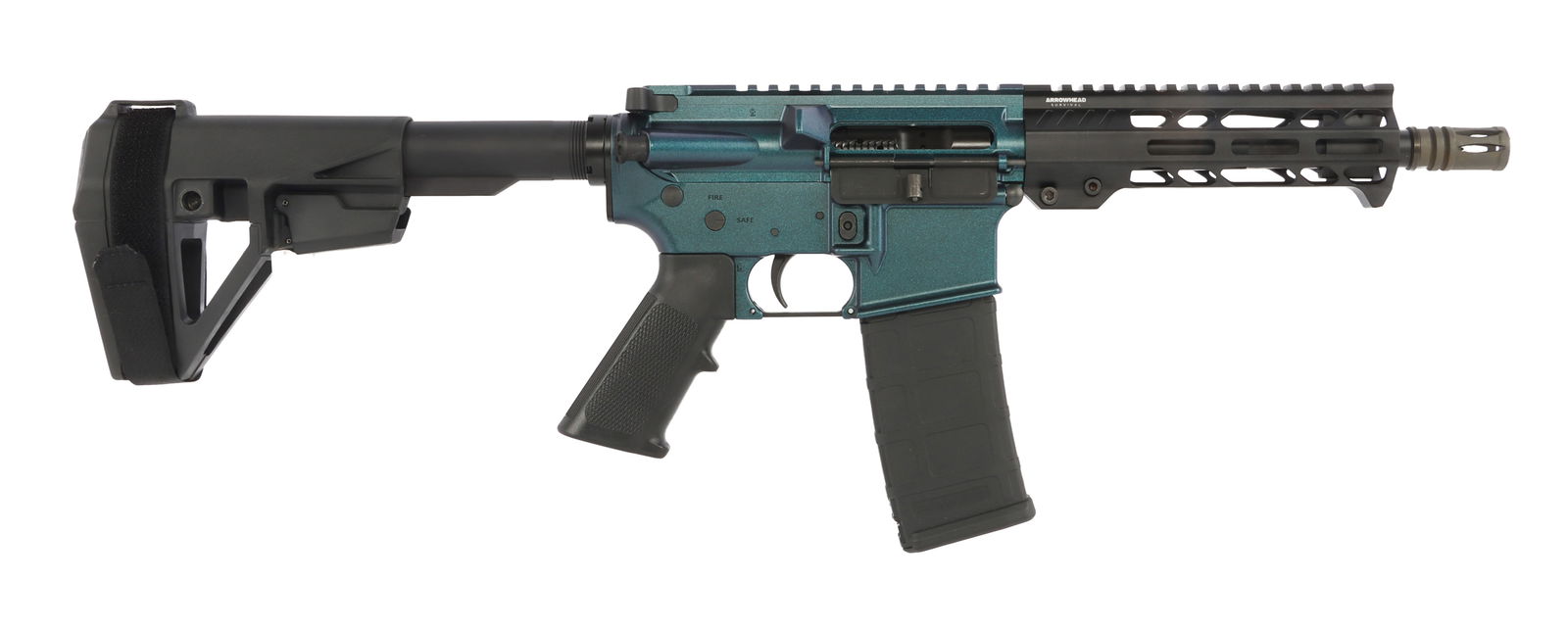 ARROWHEAD SURVIVAL BLUE SHIMMER .300 BLK AR PISTOL: Arrowhead Survival semi-automatic AR-15 pistol. Custom blue shimmer Cerakote FX finish, forged aluminum upper & lower receivers, SB Tactical SBA5 adjustable pistol brace, 8-inch Ballistic Advantage 1: