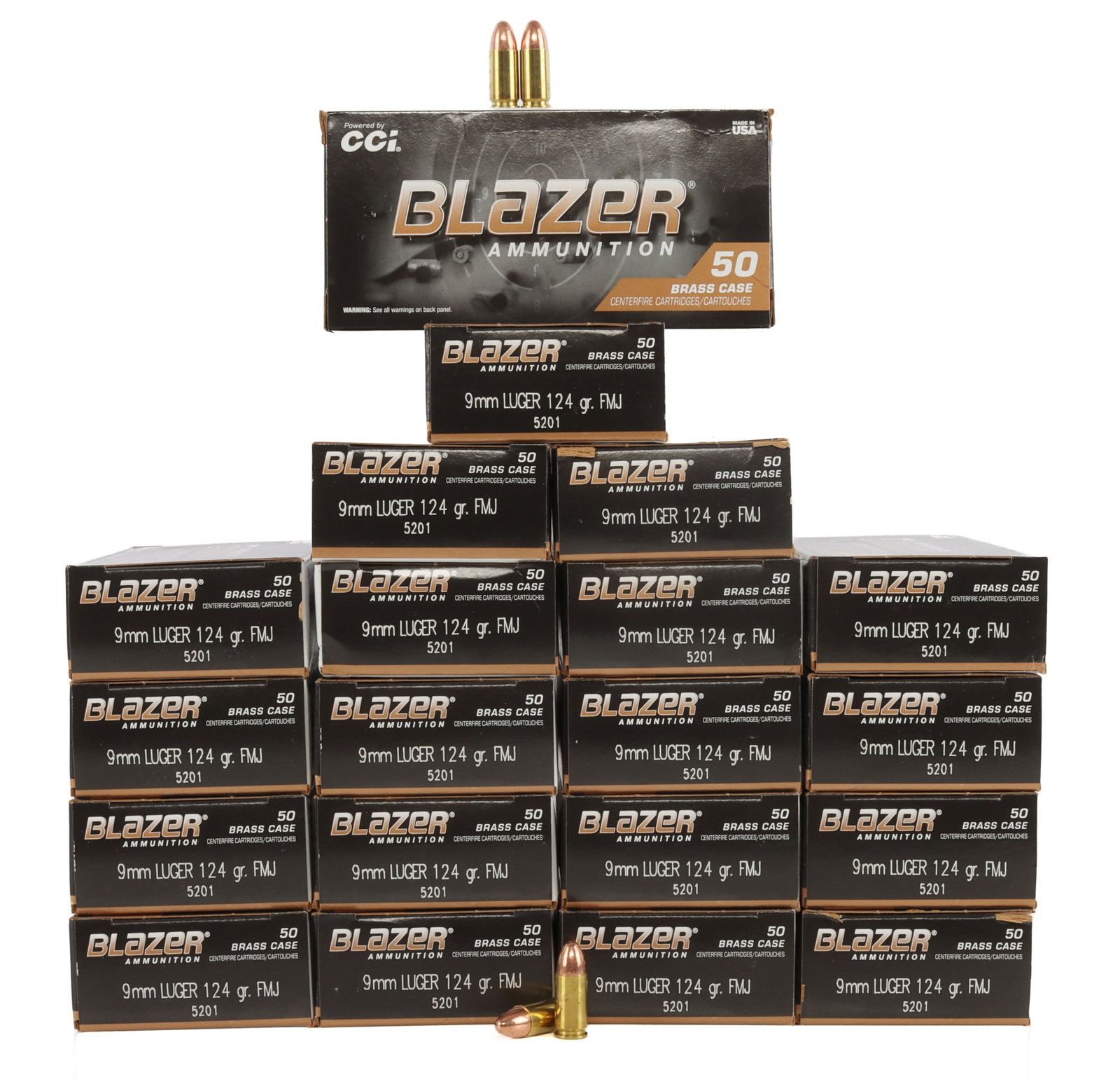 1000 ROUNDS 9MM LUGER 124GR FMJ BLAZER BRASS AMMO: Lot of 1000 rounds factory new 9mm Luger 124gr FMJ pistol ammunition. No international shipping. This lot has a reserve.