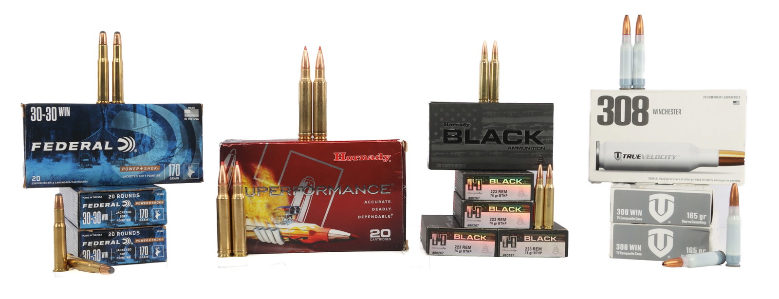 240 RDS .223 REM .308 .30-30 WIN .338 WIN MAG AMMO: Lot of 240 rounds factory new rifle ammunition, mixed caliber. Includes 100 rounds .223 Rem 75gr BTHP, 60 rounds .308 Win 165gr BTHP, 60 rounds .30-30 Win 170gr JSP and 20 rounds .338 Win Mag 225gr SS