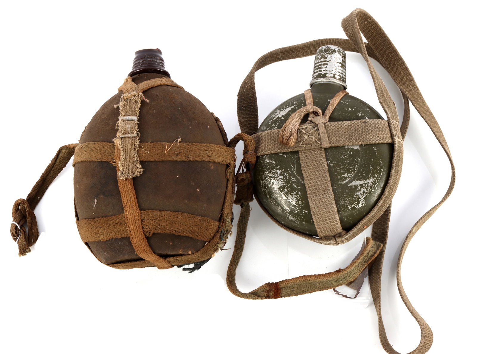 2 JAPANESE NAVY CANTEEN LOT 1 W PAPER MACHE COVER: Rare canteen with Paper Mache cover and straps, also unusual smaller round canteen painted green with straps.