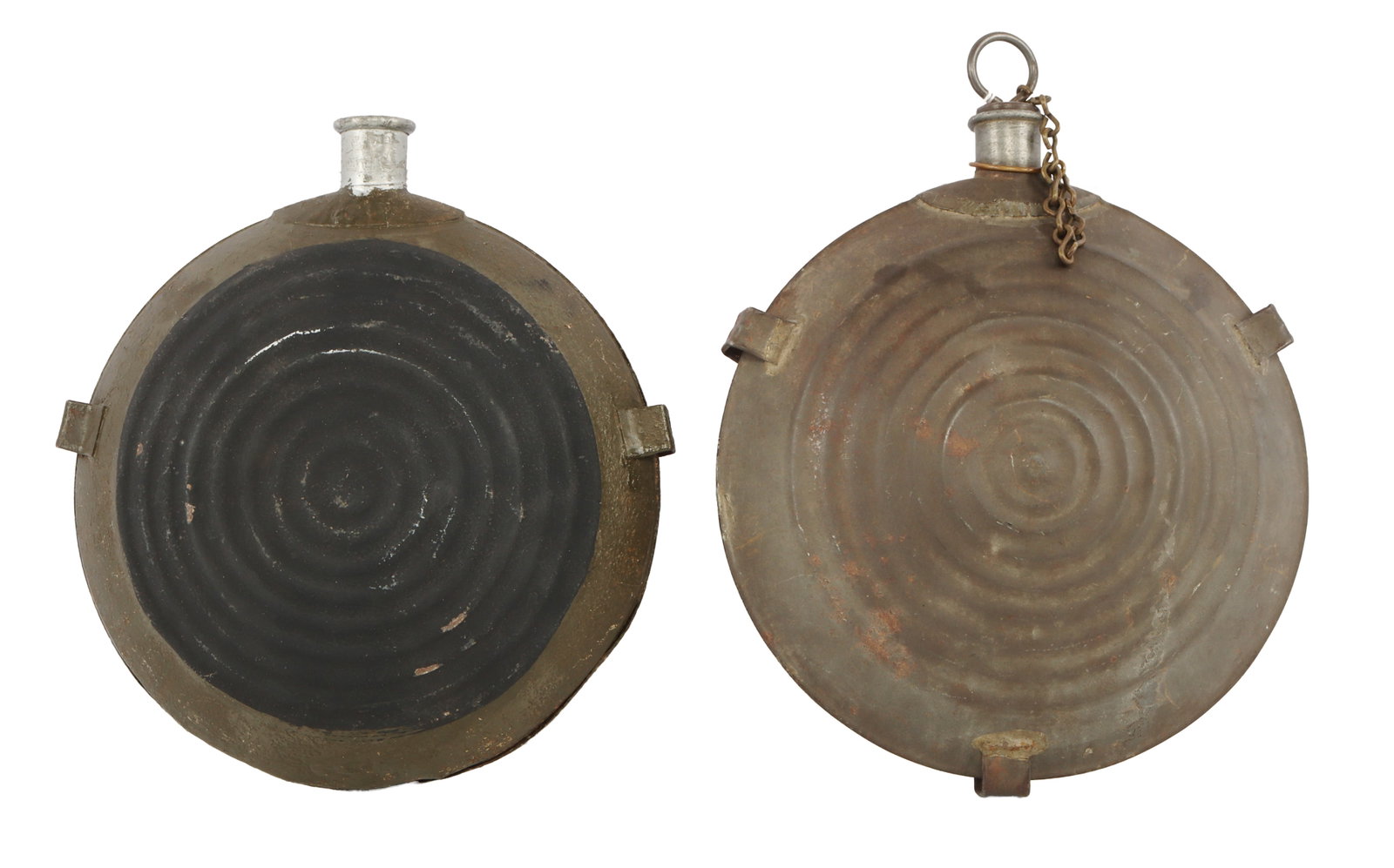 2 CIVIL WAR BULLSEYE CANTEEN LOT: 1 Has spout 1 does not, the 1 without has split seam and probably is repainted., Previous dealer owner of the second canteen says it has Albert Dorff marked spout, unable to verify, this is a particul