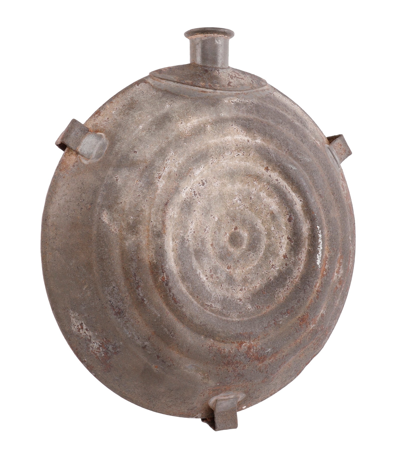 US CIVIL WAR BULLSEYE CANTEEN 7 RING: A Civil War canteen. Seven rings, including the bullseye. Three strap mounts. No cork, jack chain, or strap. 8.5 inch diameter. Very good, original condition. Origin: Civil War & Indian Wars