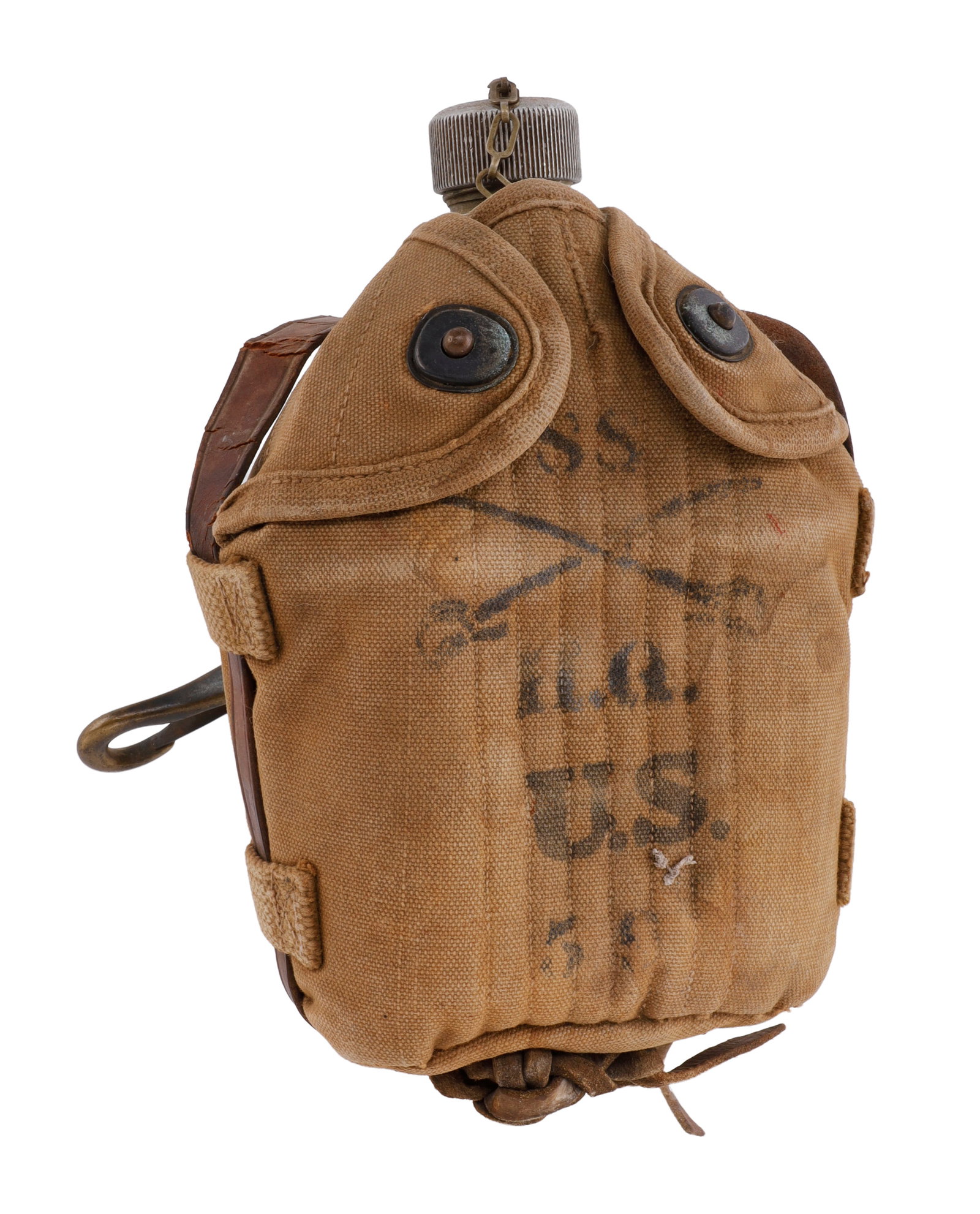 WWI MODEL-1910 SCOUT SNIPER CANTEEN WITH NAME: A Model-1910 canteen from WWI. Ink stamped 'SS US' with crossed sabers on the front. There is more to the stamp, but this has faded out. With detachable cup. Stamped LF&C 1918 on bottle. Cover is stam