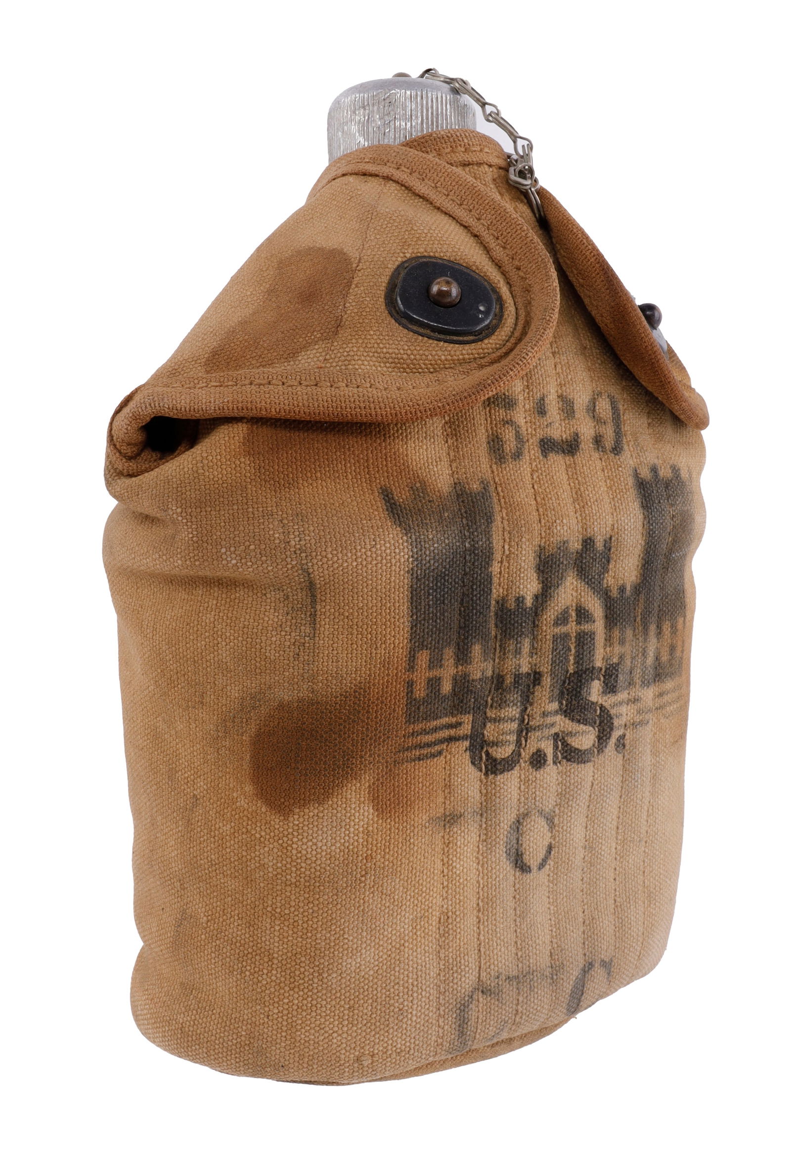 WWI MODEL-1910 US CANTEEN FROSTY DESIGN: A M-1910 US canteen from WWI. This canteen has the 'frosty' finish. Marked 'AGA 1918' on bottle. Pouch is marked for the 529 Regiment and stamped 'Galvin 1917.' Very good, original condition. Origin: