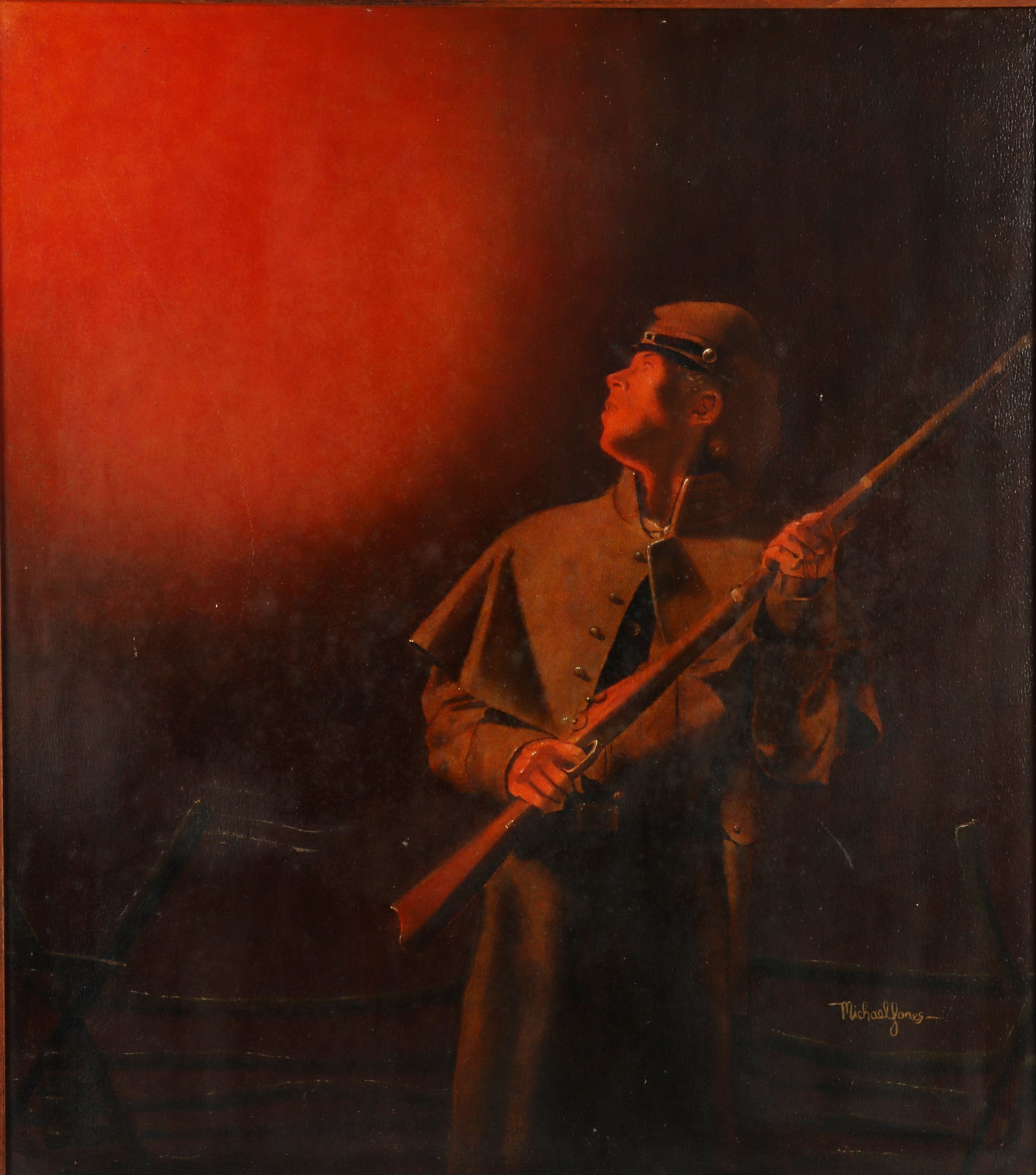 CIVIL WAR SOLDIER BATTLEFIELD OIL PAINTING: Framed Civil War inspired, realist oil painting. Signed Michael Jones, dated 1986. Depicting frightened rifleman on a battlefield. Very Good condition. Measures 26x24 inches.