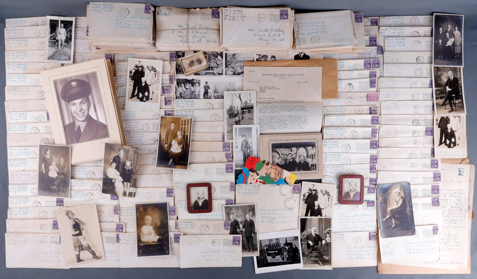 WWII US BOX OF LETTERS FROM GI DONALD BELETSKY: A large box of letters from US GI Donald Beletsky, the vast majority of them from the Second World War. Very good, original condition.
